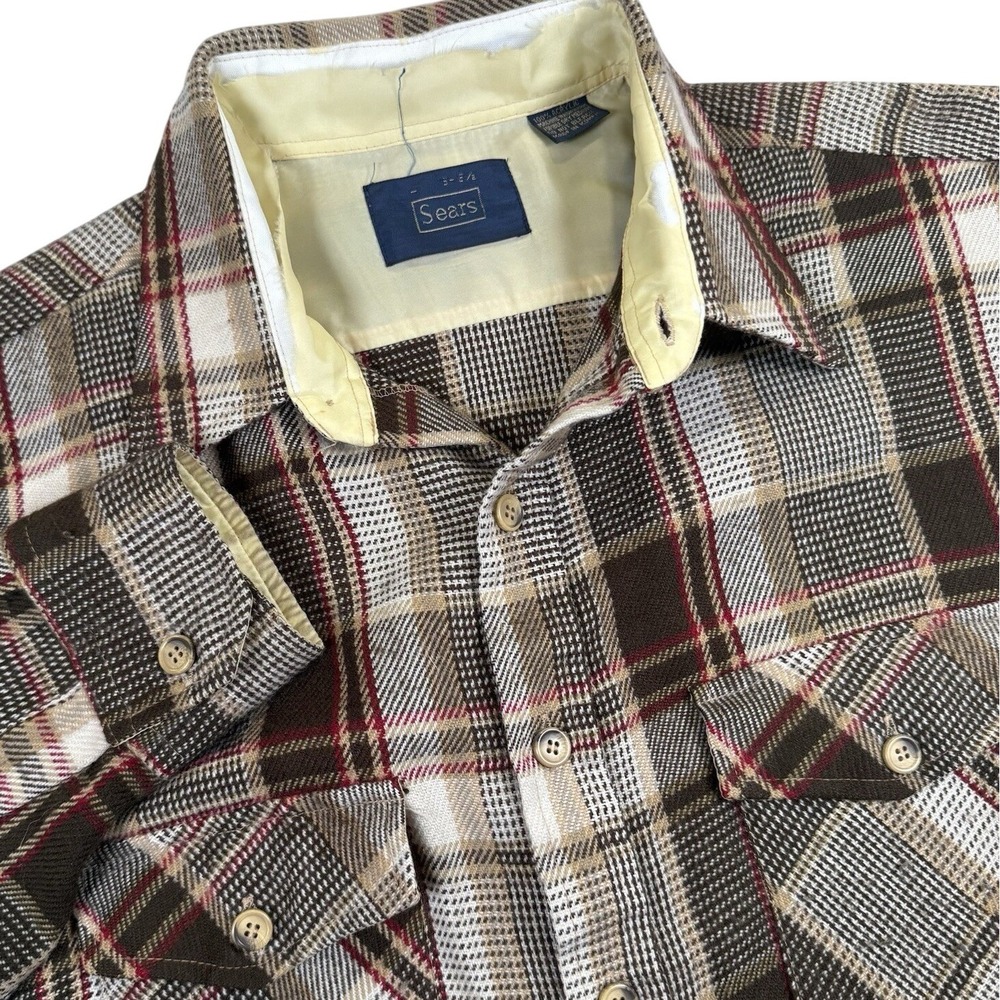 Vintage Sears Button Up Flannel Men L Brown Red Plaid 80s Workwear Gorpcore Hike